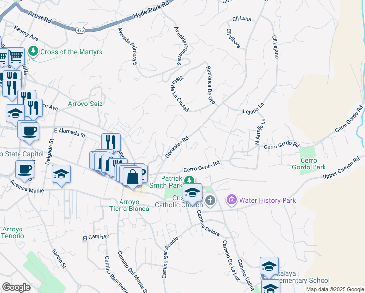 map of restaurants, bars, coffee shops, grocery stores, and more near 151 Gonzales Road in Santa Fe