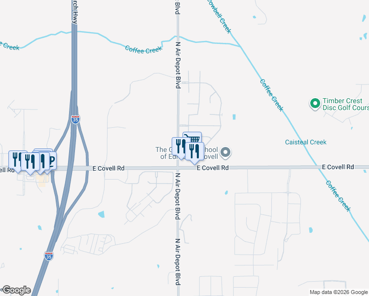 map of restaurants, bars, coffee shops, grocery stores, and more near 2817 Buckland Road in Edmond