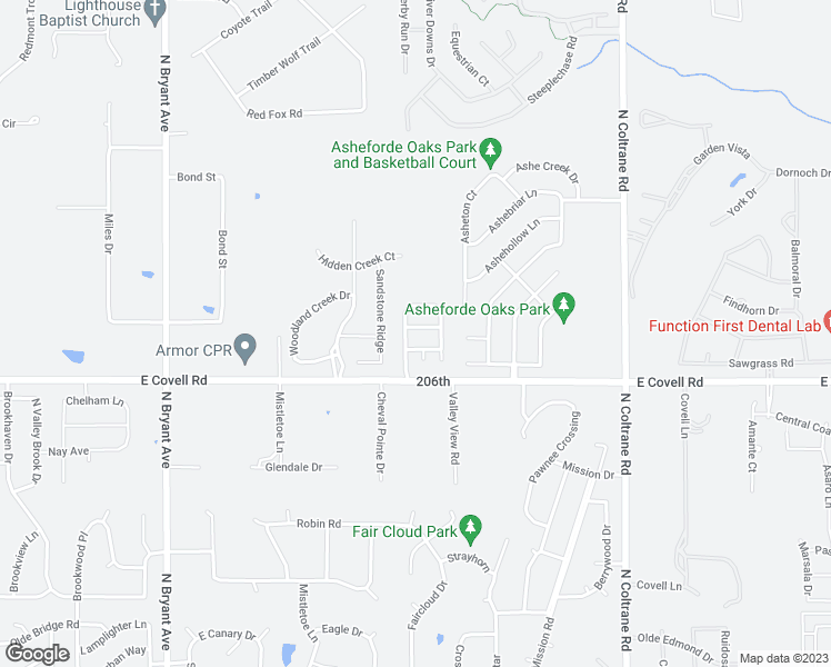 map of restaurants, bars, coffee shops, grocery stores, and more near 2208 Animada Place in Edmond