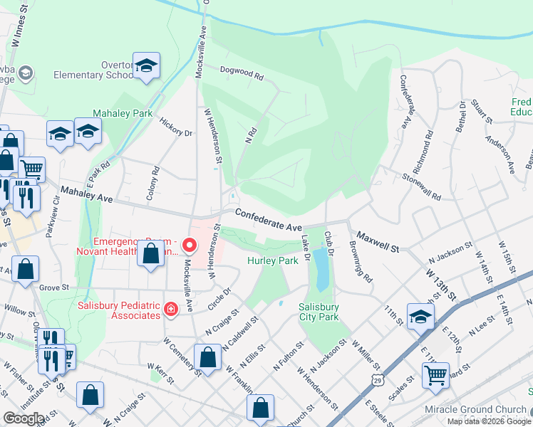 map of restaurants, bars, coffee shops, grocery stores, and more near 236 Confederate Avenue in Salisbury