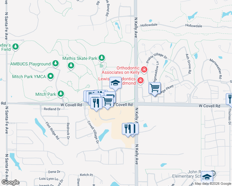 map of restaurants, bars, coffee shops, grocery stores, and more near 1271 West Covell Road in Edmond