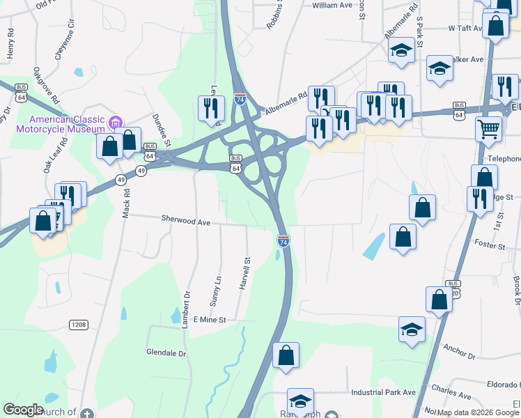 map of restaurants, bars, coffee shops, grocery stores, and more near 255 Harvell Street Ext in Asheboro