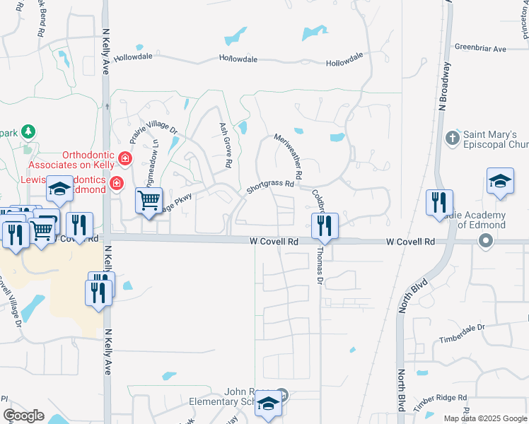 map of restaurants, bars, coffee shops, grocery stores, and more near 317 West Covell Road in Edmond