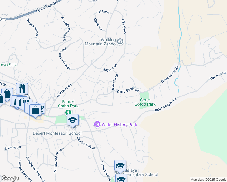 map of restaurants, bars, coffee shops, grocery stores, and more near 1282 Cerro Gordo Road in Santa Fe