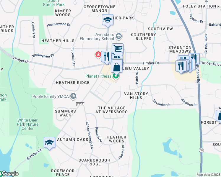 map of restaurants, bars, coffee shops, grocery stores, and more near 224 Gilder Woods Drive in Garner