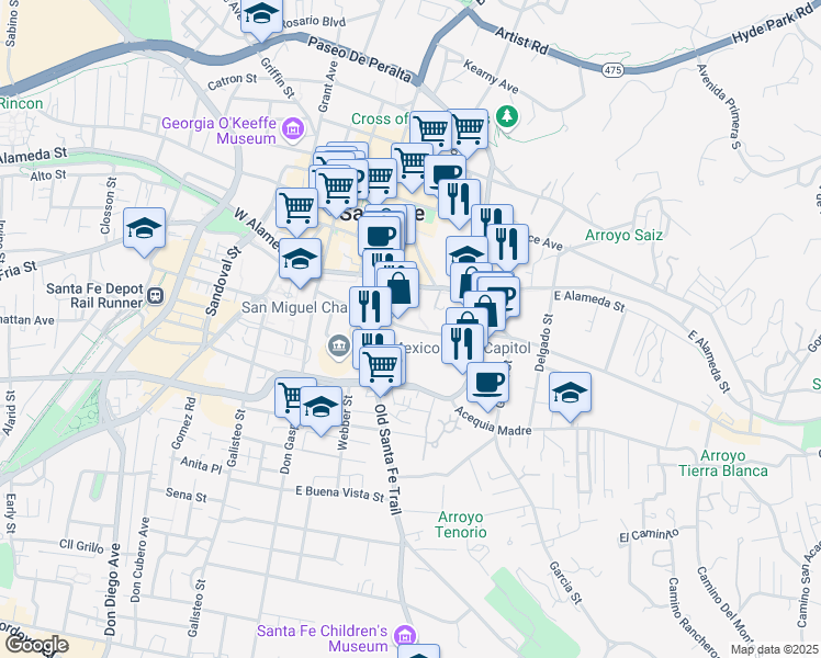 map of restaurants, bars, coffee shops, grocery stores, and more near East De Vargas Street in Santa Fe