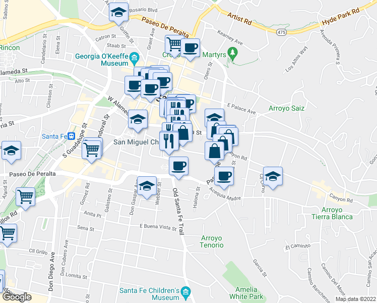 map of restaurants, bars, coffee shops, grocery stores, and more near East De Vargas Street in Santa Fe
