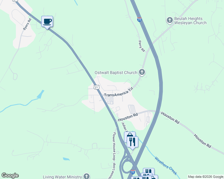 map of restaurants, bars, coffee shops, grocery stores, and more near 145 Macel Drive in Troutman