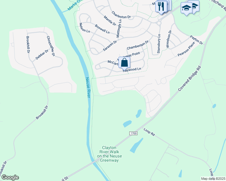 map of restaurants, bars, coffee shops, grocery stores, and more near 108 Bobby Ray Court in Clayton