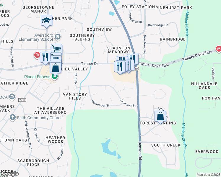 map of restaurants, bars, coffee shops, grocery stores, and more near 502 Atchison Street in Garner