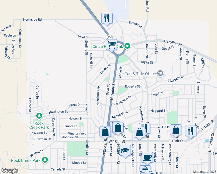 map of restaurants, bars, coffee shops, grocery stores, and more near 1408 Boyd Street in Borger