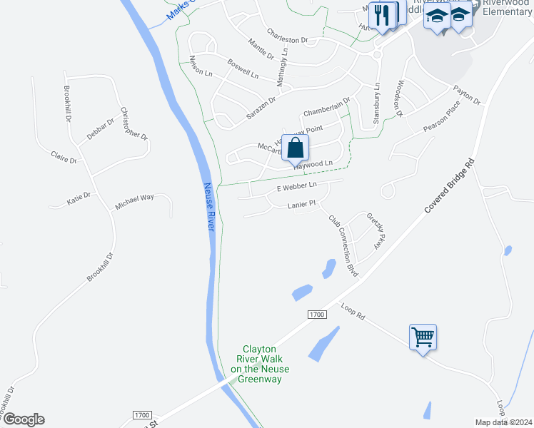 map of restaurants, bars, coffee shops, grocery stores, and more near 108 Bobby Ray Court in Clayton