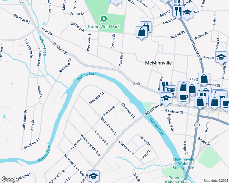 map of restaurants, bars, coffee shops, grocery stores, and more near 210 Westwood Drive in McMinnville