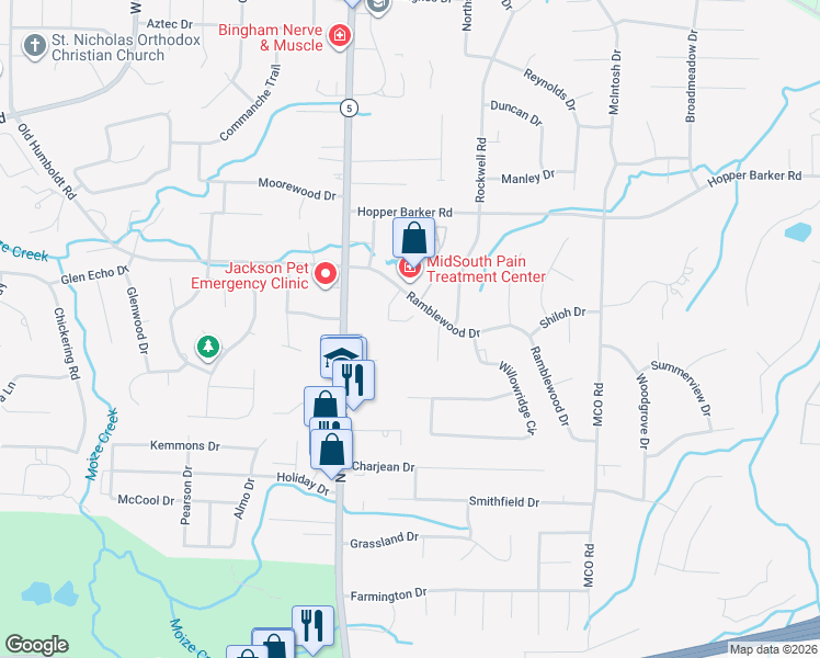 map of restaurants, bars, coffee shops, grocery stores, and more near 71 Highland Ridge Cove in Jackson