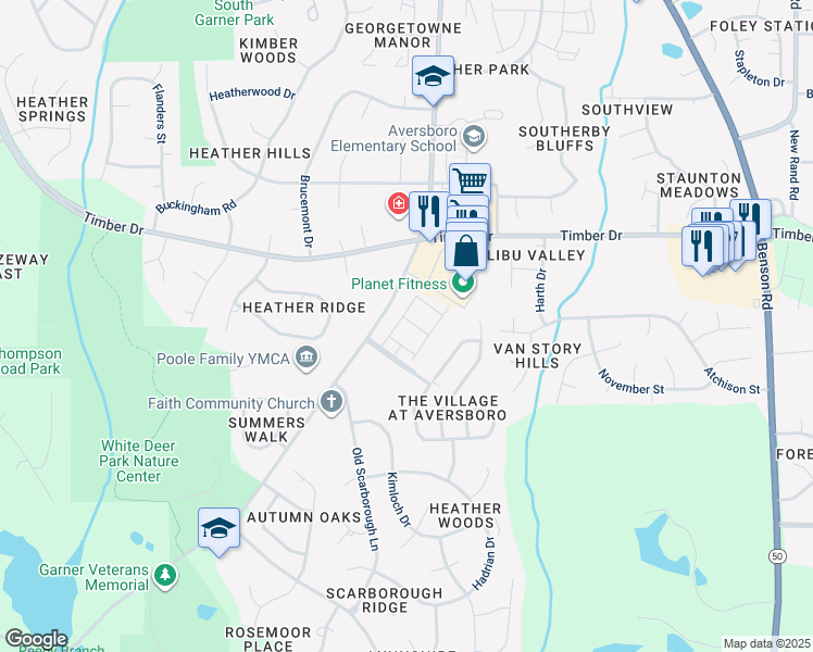 map of restaurants, bars, coffee shops, grocery stores, and more near 150 Gosford Lane in Garner