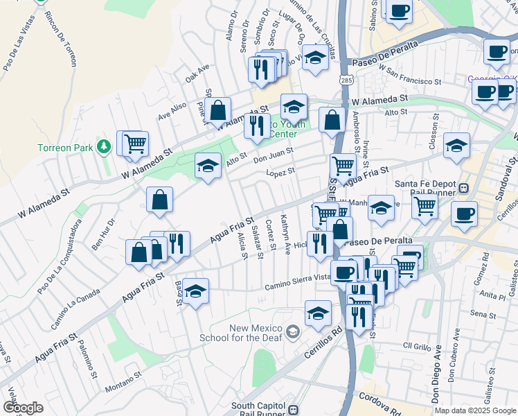 map of restaurants, bars, coffee shops, grocery stores, and more near 413 Salazar Place in Santa Fe