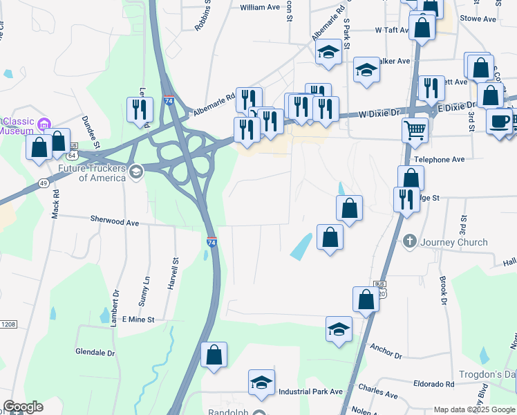 map of restaurants, bars, coffee shops, grocery stores, and more near 1 Sherwood Road in Asheboro