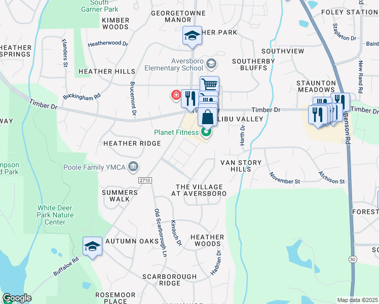 map of restaurants, bars, coffee shops, grocery stores, and more near 110 Roebuck Lane in Garner