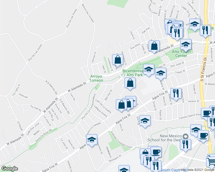 map of restaurants, bars, coffee shops, grocery stores, and more near 1601 Caminito Monica in Santa Fe