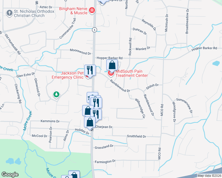 map of restaurants, bars, coffee shops, grocery stores, and more near 71 Highland Ridge Cove in Jackson