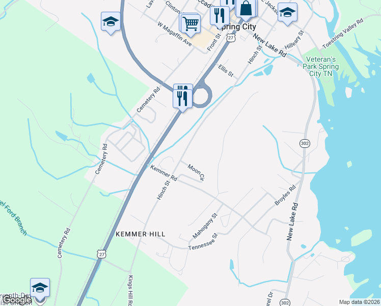 map of restaurants, bars, coffee shops, grocery stores, and more near Kings Hill Road in Spring City