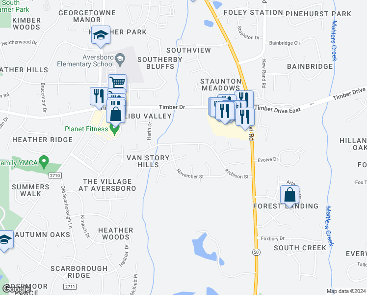 map of restaurants, bars, coffee shops, grocery stores, and more near 607 Atchison Street in Garner