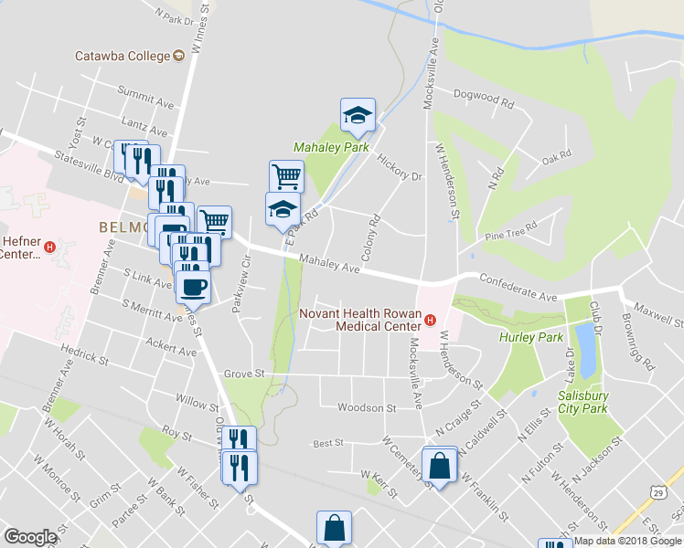 map of restaurants, bars, coffee shops, grocery stores, and more near 521 Mahaley Avenue in Salisbury