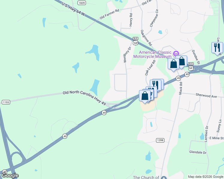 map of restaurants, bars, coffee shops, grocery stores, and more near 1103 Cranbrook Circle in Asheboro
