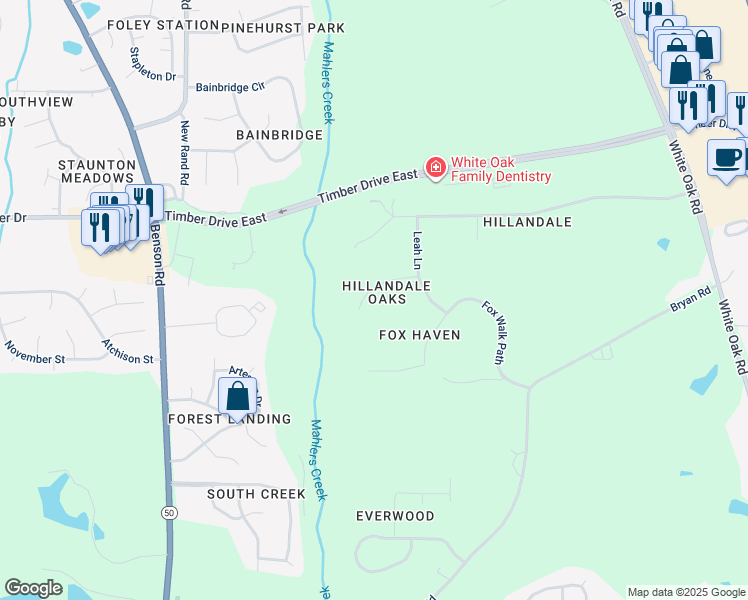map of restaurants, bars, coffee shops, grocery stores, and more near 508 Stronwood Court in Garner