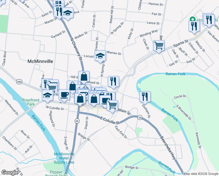 map of restaurants, bars, coffee shops, grocery stores, and more near 223 Garfield Street in McMinnville