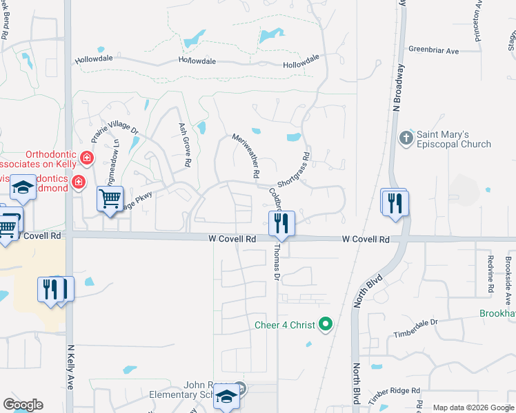 map of restaurants, bars, coffee shops, grocery stores, and more near 352 Coldbrook Circle in Edmond