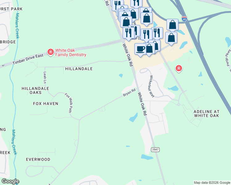 map of restaurants, bars, coffee shops, grocery stores, and more near 7460 Bryan Road in Garner