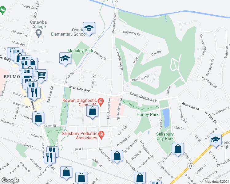 map of restaurants, bars, coffee shops, grocery stores, and more near 110 Confederate Avenue in Salisbury