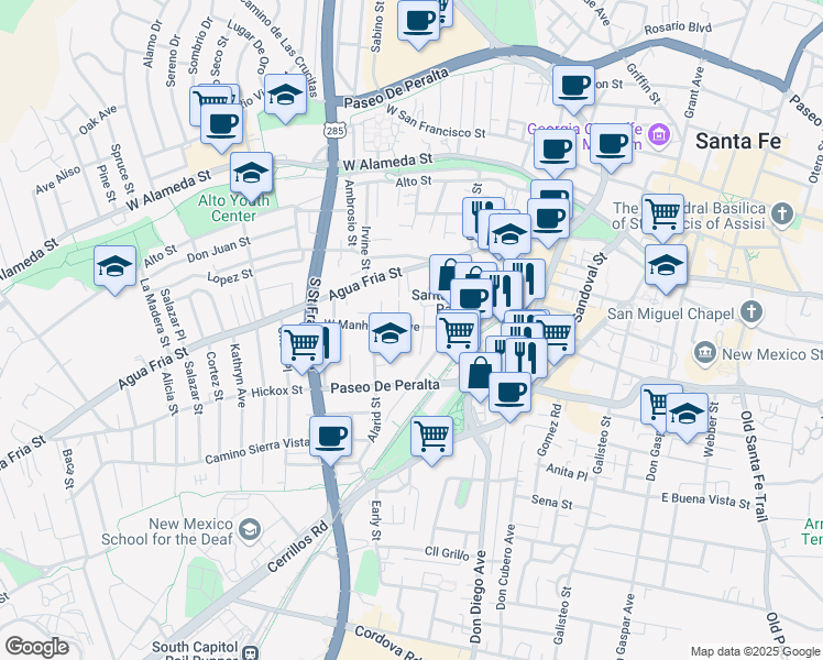 map of restaurants, bars, coffee shops, grocery stores, and more near 740 West Manhattan Avenue in Santa Fe