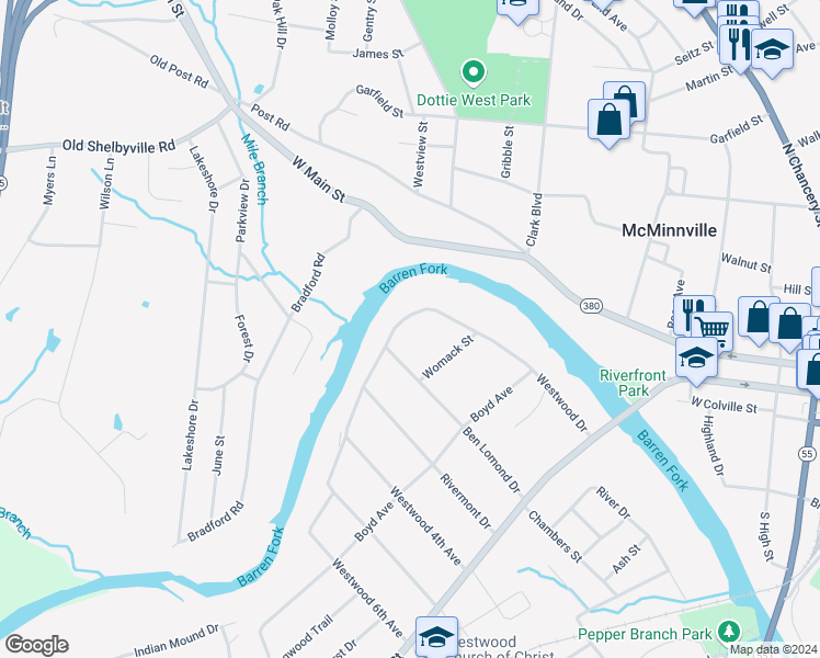 map of restaurants, bars, coffee shops, grocery stores, and more near 321 Westwood Drive in McMinnville