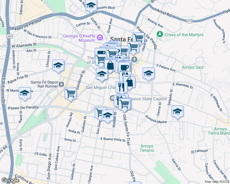 map of restaurants, bars, coffee shops, grocery stores, and more near 132 East De Vargas Street in Santa Fe