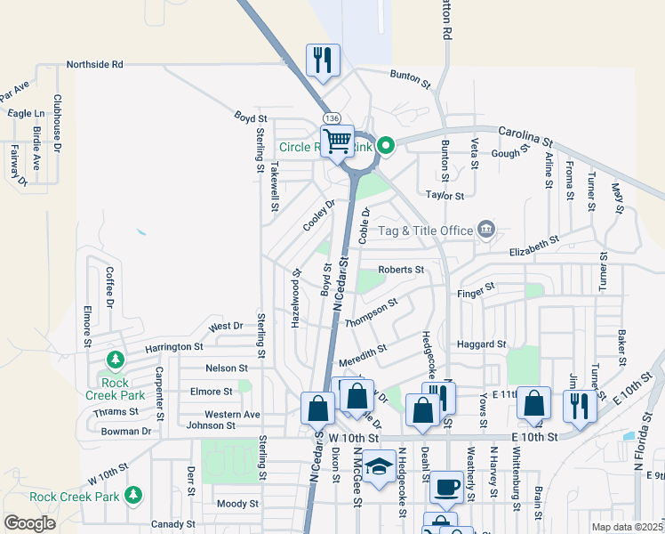 map of restaurants, bars, coffee shops, grocery stores, and more near 1408 Boyd Street in Borger