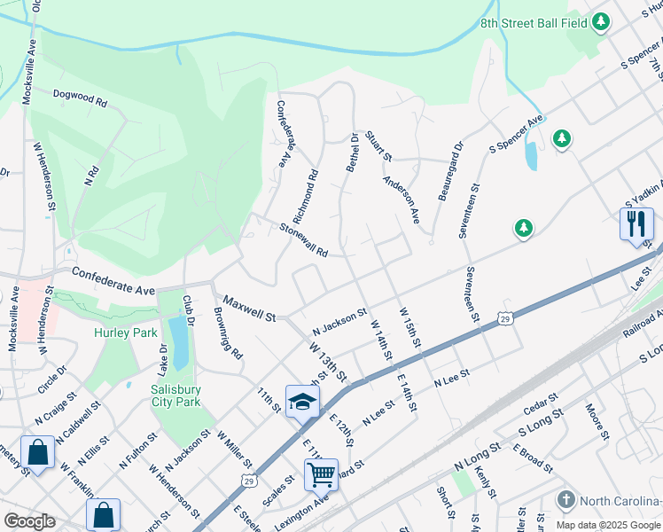 map of restaurants, bars, coffee shops, grocery stores, and more near 241 Stonewall Road in Salisbury