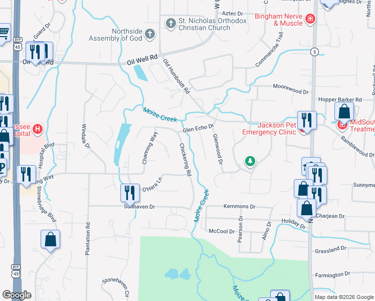 map of restaurants, bars, coffee shops, grocery stores, and more near 116 Chickering Rd in Jackson