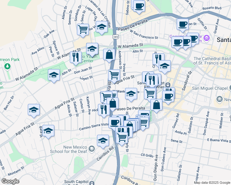 map of restaurants, bars, coffee shops, grocery stores, and more near 830 West Manhattan Avenue in Santa Fe