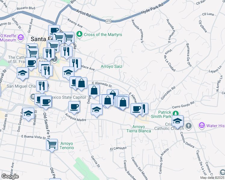 map of restaurants, bars, coffee shops, grocery stores, and more near 117 Camino Escondido in Santa Fe