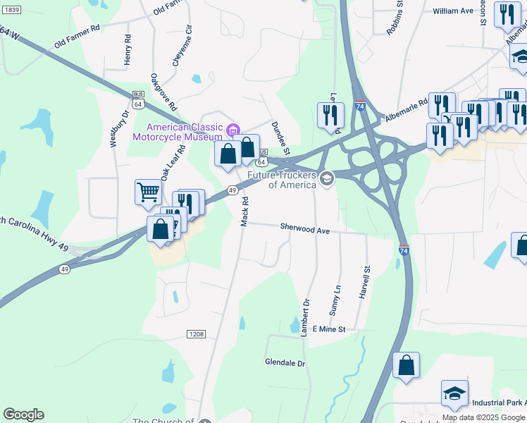 map of restaurants, bars, coffee shops, grocery stores, and more near 1000 Sherwood Avenue in Asheboro