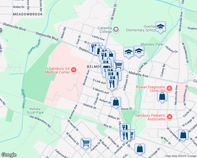 map of restaurants, bars, coffee shops, grocery stores, and more near 240 South Link Avenue in Salisbury