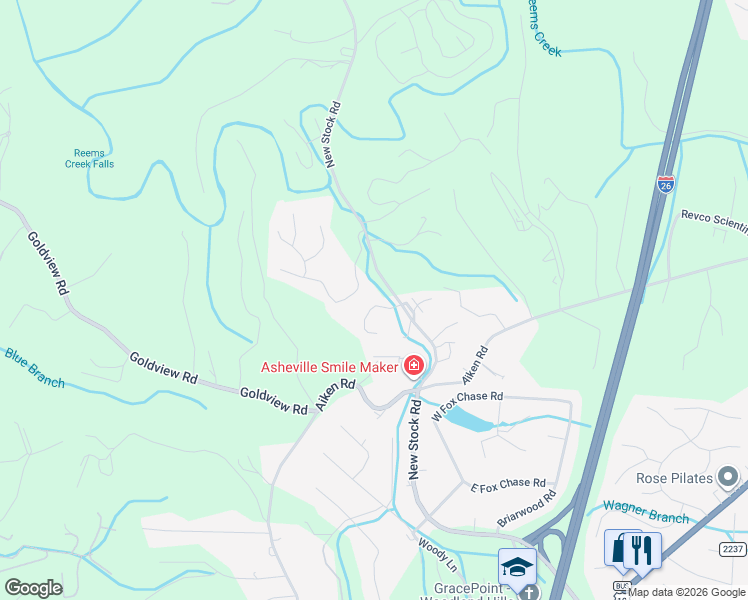 map of restaurants, bars, coffee shops, grocery stores, and more near 1 Tiffany Lane in Asheville