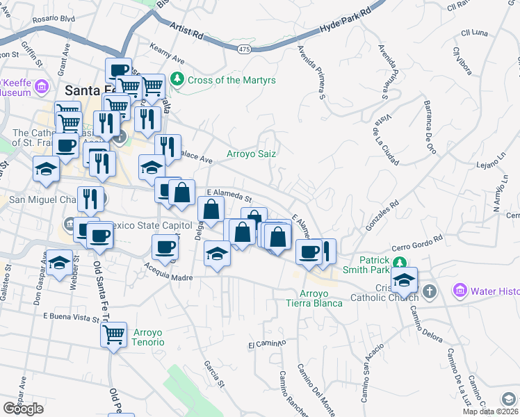 map of restaurants, bars, coffee shops, grocery stores, and more near 614 East Alameda Street in Santa Fe