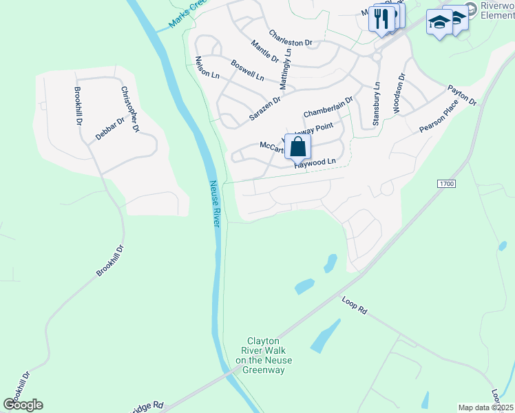 map of restaurants, bars, coffee shops, grocery stores, and more near 121 Bobby Ray Court in Clayton