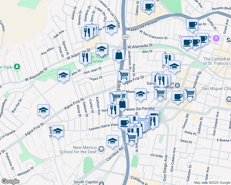 map of restaurants, bars, coffee shops, grocery stores, and more near 500 South Saint Francis Drive in Santa Fe