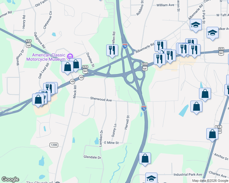 map of restaurants, bars, coffee shops, grocery stores, and more near 1 Sherwood Road in Asheboro
