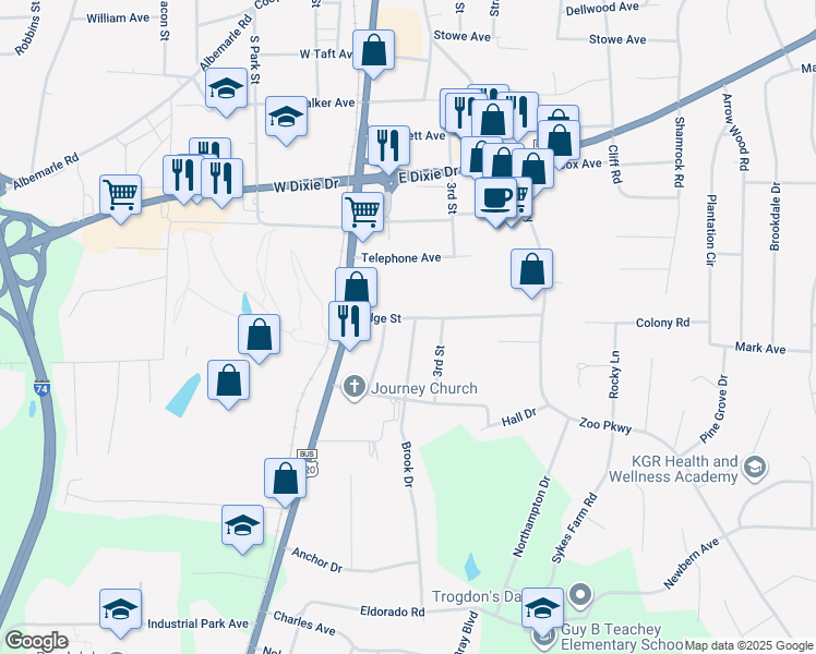 map of restaurants, bars, coffee shops, grocery stores, and more near 220 Ridge Street in Asheboro