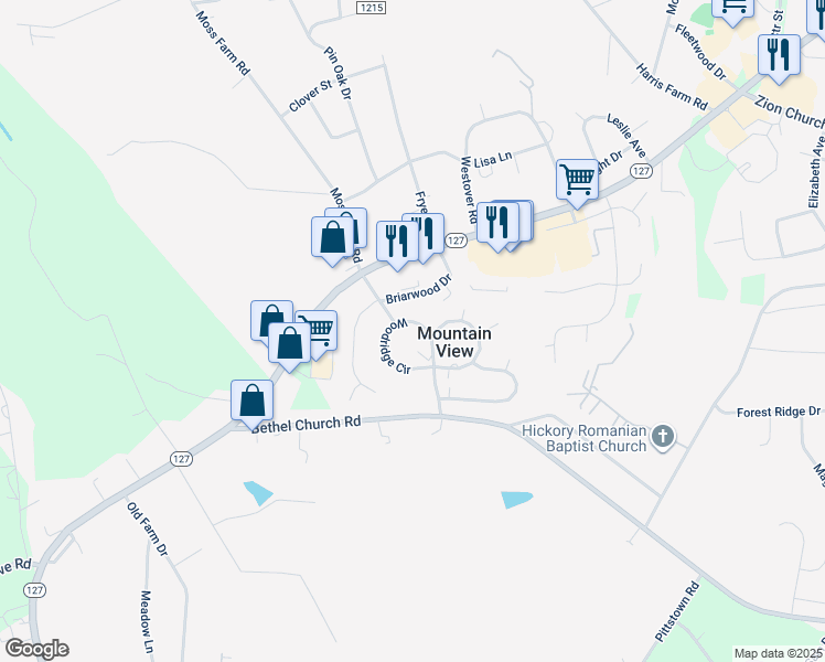 map of restaurants, bars, coffee shops, grocery stores, and more near 1654 Woodridge Circle in Hickory